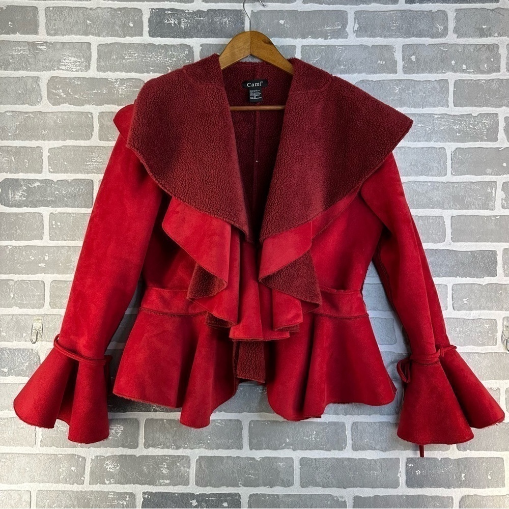 CAMI FAUX SUEDE FUR FIT FLARE Ruffle Cascade Bell Red Jacket Size 10